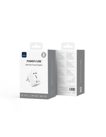 Adaptador enchufe universal 20W GaN con 2 USB-C y USB-A Power Cube