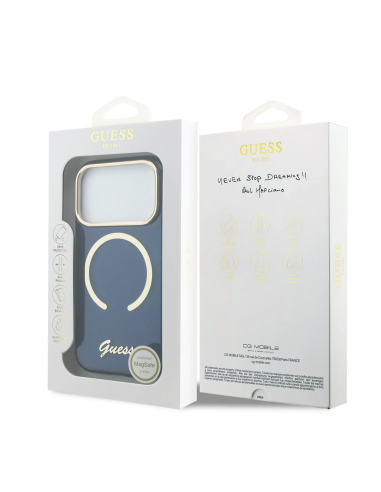 GUESS – Funda Azul iPhone 17 PRO HC MagSafe Impresión IML Inscripción de Metal