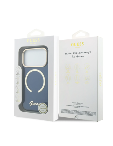 GUESS – Funda Azul iPhone 17 PRO HC MagSafe Impresión IML Inscripción de Metal