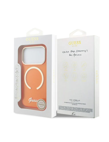 GUESS – Funda Naranja iPhone 17 PRO HC MagSafe Impresión IML Inscripción de Metal