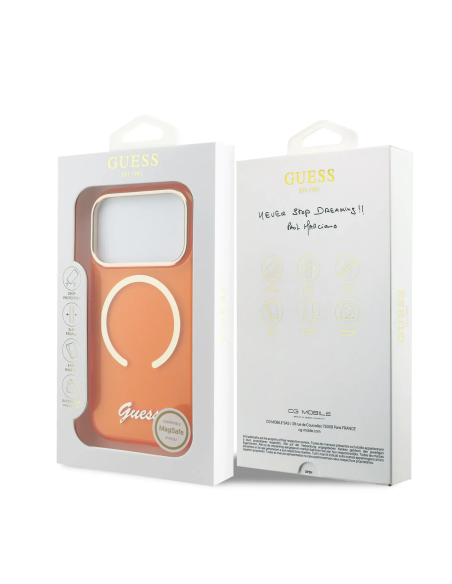 GUESS – Funda Naranja iPhone 17 PRO HC MagSafe Impresión IML Inscripción de Metal