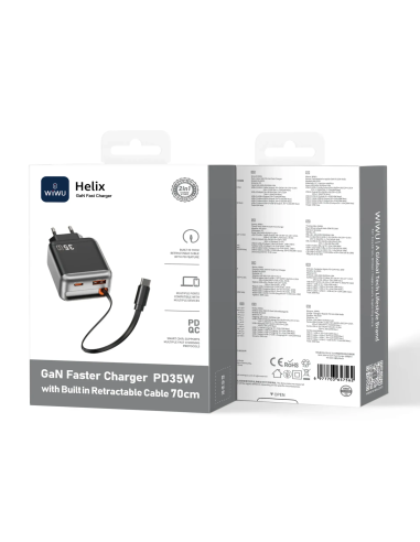 Cargador rápido PD GaN de 35 W con USB-A, USB-C y cable retráctil USB-C de 70 cm Helix