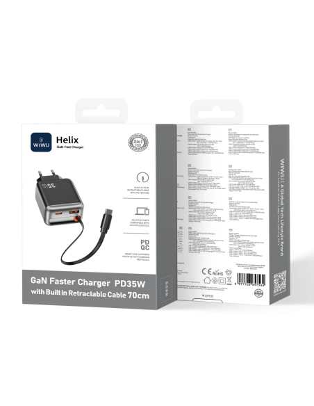 35 W GaN PD Fast Charger with USB-A, USB-C and 70 cm Retractable USB-C Cable Helix
