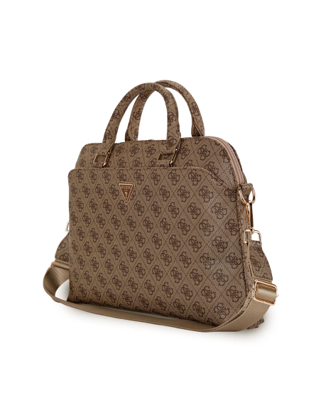 GUESS – Bolso para Portátil 13”–15”–16” Marrón con Logo 4G y Detalles Dorados