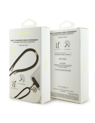 GUESS – Cuerda de Nylon 2 en 1 Negra – Correa Bandolera y Cable de Carga C-C