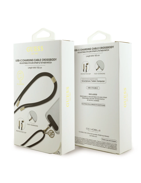 GUESS – Cuerda de Nylon 2 en 1 Negra – Correa Bandolera y Cable de Carga C-C