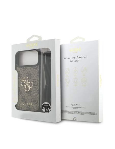 GUESS Case for iPhone 17 Pro Max with Lanyard, Leather Effect and 4G Logo (Brown)