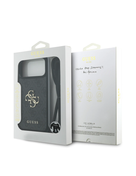 Funda GUESS para iPhone 17 Pro Max con cordón, efecto piel y logotipo 4G (Negro)