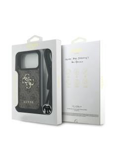 Funda GUESS para iPhone 17 Pro con cordón, efecto piel y logotipo 4G (Marrón)