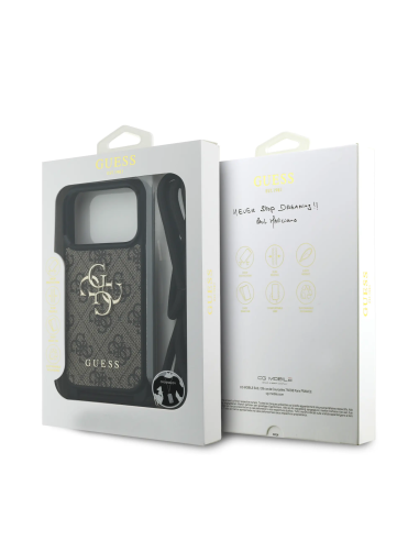 Funda GUESS para iPhone 17 Pro con cordón, efecto piel y logotipo 4G (Marrón)