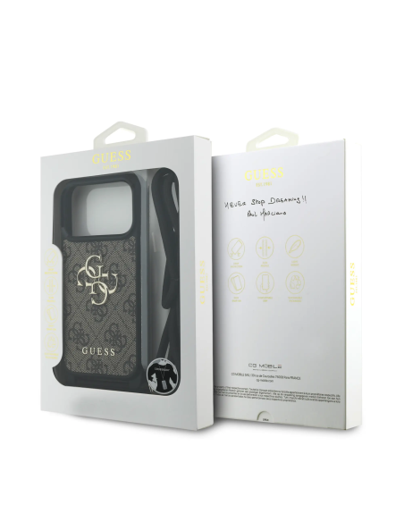 GUESS Case for iPhone 17 Pro with Lanyard, Leather Effect and 4G Logo (Brown)
