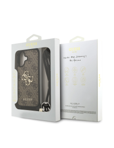 GUESS Case for iPhone 17 with Lanyard, Leather Effect and 4G Logo (Brown)