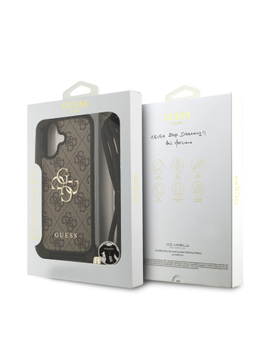 GUESS Case for iPhone 17 with Lanyard, Leather Effect and 4G Logo (Brown)