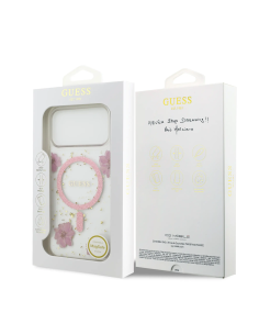 GUESS – Funda Premium para iPhone 17 Pro Max con MagSafe y Diseño de Flores Rosas con Detalles Dorados