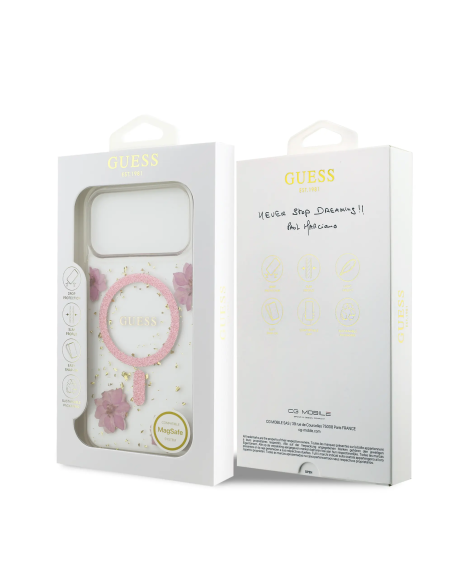 GUESS – Premium iPhone 17 Pro Max Case with MagSafe and Pink Floral Design with Gold Accents