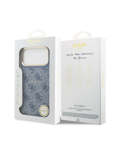 Funda GUESS para iPhone 17 Pro Max con MagSafe, efecto piel y logotipo clásico (Azul)