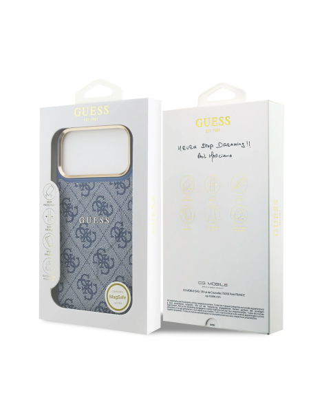 GUESS Case for iPhone 17 Pro Max with MagSafe, Leather Effect and Classic Logo (Blue)