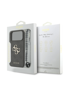 GUESS Case for iPhone 17 Pro Max with Pearl Strap, PU Finish and 4G Logo (Black)
