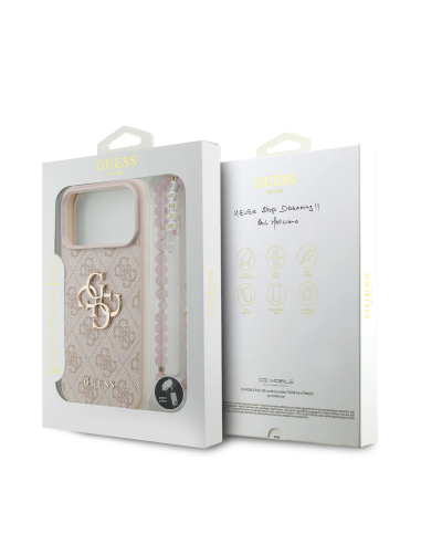 Funda GUESS para iPhone 17 Pro Max con correa de perlas, efecto piel y logotipo 4G (Rosa)