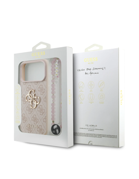 Funda GUESS para iPhone 17 Pro Max con correa de perlas, efecto piel y logotipo 4G (Rosa)