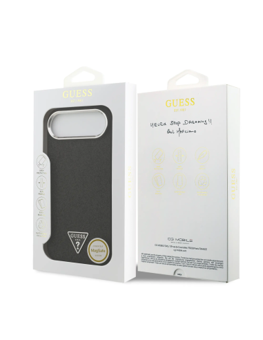 GUESS – Hard Case for iPhone 17 Air in Black Faux Leather with Glitter and MagSafe