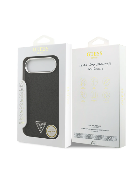 GUESS – Hard Case for iPhone 17 Air in Black Faux Leather with Glitter and MagSafe