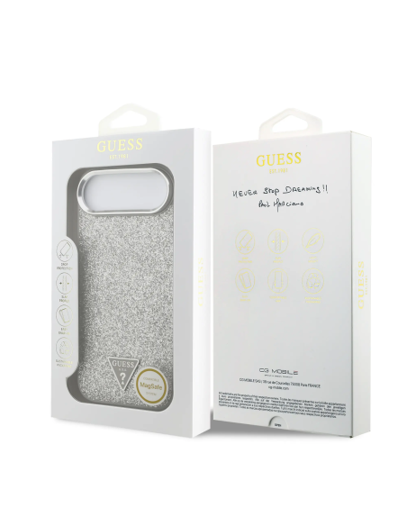 GUESS – Hard Case for iPhone 17 Air in Black Faux Leather with Glitter and MagSafe