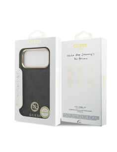 GUESS – Premium Hard Case for iPhone 17 Pro Max with MagSafe in Black Faux Leather with a 4G Rhinestone Logo