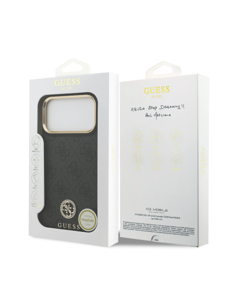 GUESS – Premium Hard Case for iPhone 17 Pro Max with MagSafe in Black Faux Leather with a 4G Rhinestone Logo