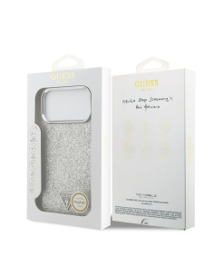 GUESS – Funda Rígida Premium para iPhone 17 Pro Max con MagSafe en Polipiel con Purpurina Plata