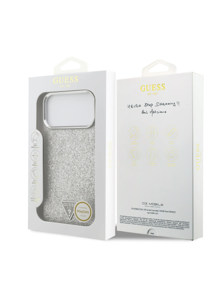 GUESS – Premium Hard Case for iPhone 17 Pro Max with MagSafe in Faux Leather with Silver Glitter