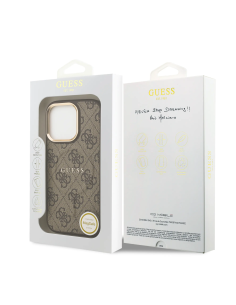 GUESS – Funda Rígida para iPhone 16 Pro con MagSafe en Polipiel Marrón y Logo 4G Clásico