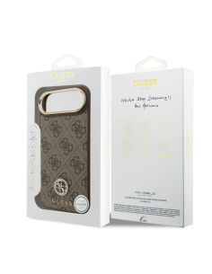 GUESS – Funda Rígida para iPhone 17 Air en Polipiel Marrón con MagSafe y Logo 4G de Strass