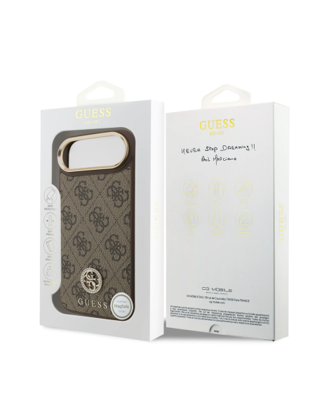 GUESS – Funda Rígida para iPhone 17 Air en Polipiel Marrón con MagSafe y Logo 4G de Strass