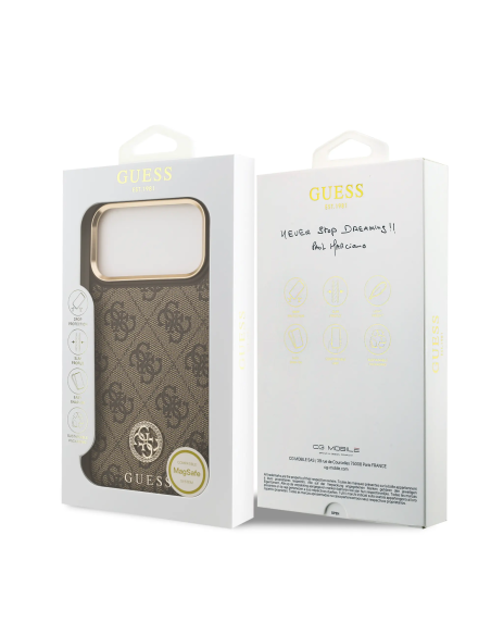 GUESS – Funda Rígida para iPhone 17 Pro Max con MagSafe en Polipiel Marrón y Logo 4G de Strass