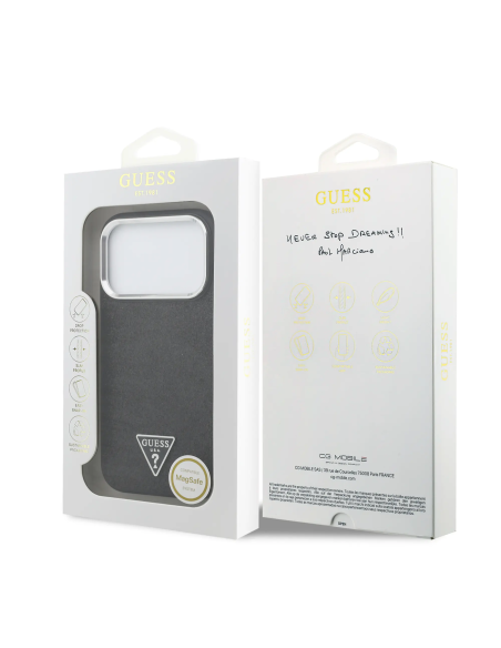 GUESS – Funda Rígida iPhone 17 Pro con MagSafe en Polipiel Negra con Purpurina