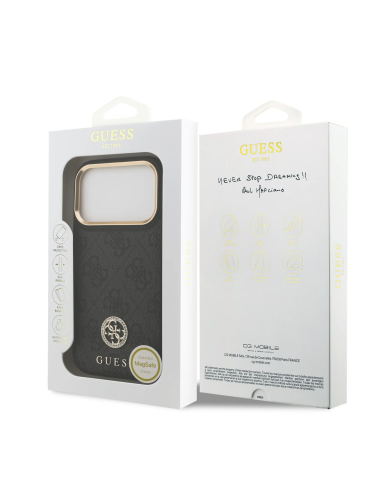 GUESS – Funda Rígida iPhone 17 Pro con MagSafe en Polipiel Negra y Logo 4G de Strass