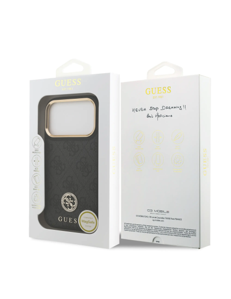GUESS – Funda Rígida iPhone 17 Pro con MagSafe en Polipiel Negra y Logo 4G de Strass