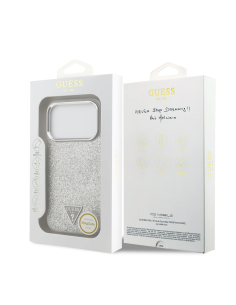 GUESS – iPhone 17 Pro Hard Case with MagSafe in Silver Glitter Faux Leather