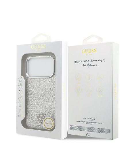 GUESS – Funda Rígida iPhone 17 Pro con MagSafe en Polipiel Plata con Purpurina