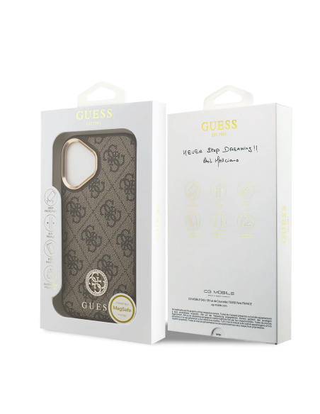 GUESS – Funda Rígida iPhone 17 con MagSafe en Polipiel Marrón y Logo 4G de Strass