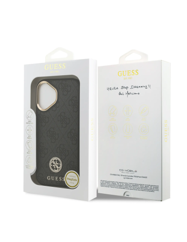 GUESS – Funda Rígida iPhone 17 con MagSafe en Polipiel Negra y Logo 4G de Strass