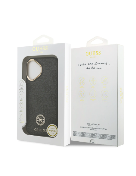 GUESS – Funda Rígida iPhone 17 con MagSafe en Polipiel Negra y Logo 4G de Strass