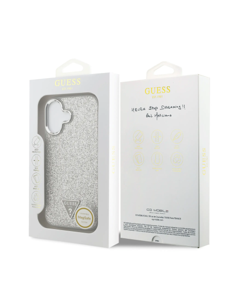 GUESS – Funda Rígida iPhone 17 con MagSafe en Polipiel con Purpurina Plata