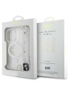 GUESS – Transparent iPhone 16 Pro Max Case with MagSafe, Glossy Finish and Pearl Strap