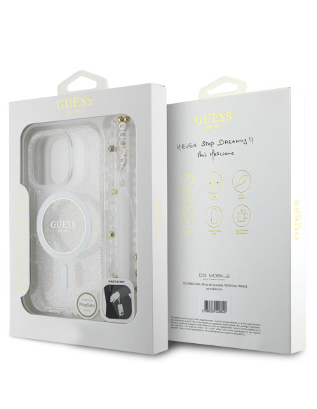 GUESS – Transparent iPhone 16 Pro Max Case with MagSafe, Glossy Finish and Pearl Strap