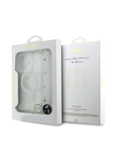 GUESS – Funda Transparente iPhone 17 con MagSafe Acabado Brillante y Correa de Perlas