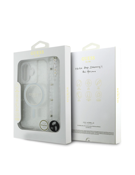 GUESS – Funda Transparente iPhone 17 con MagSafe Acabado Brillante y Correa de Perlas