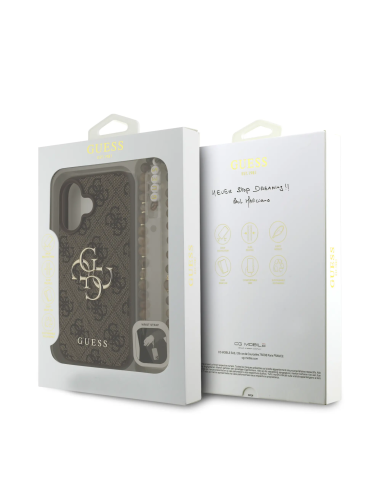 GUESS Case for iPhone 16 Plus with Pearl Strap, PU Finish and 4G Logo (Brown)