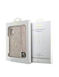 Funda GUESS para iPhone 16 con correa de perlas, efecto piel y logotipo 4G (Rosa)
